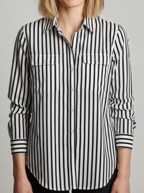 Lauren Ralph Lauren Black White Striped Cotton Button Up Shirt Size M